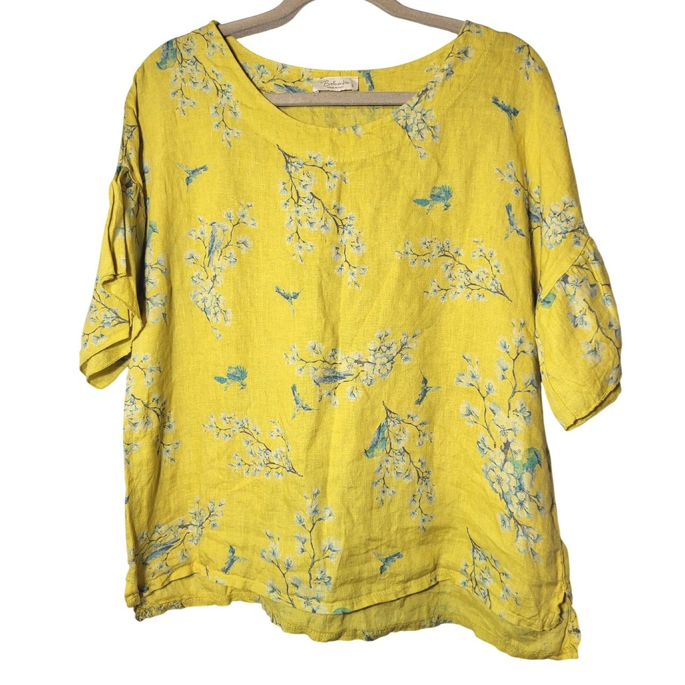 Bellambia Italy Yellow Linen Bird Floral Print Ruffle Sleeve Boxy Top Womens SM